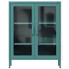 A teal metal cabinet with glass doors and shelves, presented against a white background. Produktbild-Vorschau