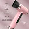 A pink cordless hair dryer with text overlays describing its features and specifications. Produktbild-Vorschau