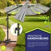 An outdoor patio umbrella shown in a garden setting with informational overlays. Voir les images du produit