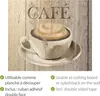 A close-up image of a coffee cup with the word 'CAFE' above it, set against a wooden background. Below the image are bullet points listing features in French and English. Produktbild-Vorschau