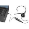 A black headset is connected to a laptop via a USB cable. The headset has a monaural design with a microphone boom and an in-line control unit. Náhled obrázku produktu