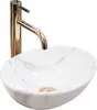 A close-up studio shot of a white marble-patterned vessel sink with a gold faucet. Náhled obrázku produktu