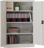 A white metal filing cabinet with its doors open, showing shelves filled with binders, files, and storage bins. Produktbild-Vorschau