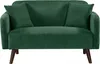 A green corduroy sofa with two pillows and wooden legs, shown from the front against a white background. Podgląd zdjęcia produktu