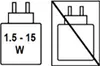 Two icons depicting power adapters. The left one shows a power adapter with text '1.5 - 15 W'. The right one shows a power adapter within a square with a diagonal line through it, indicating it should not be used. Produktbild-Vorschau