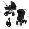 A collage of images showing a black Kinderkraft MOOV 2 XL 3in1 Kombikinderwagen from different angles, including folded and unfolded views, with dimensions indicated. Náhled obrázku produktu