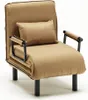 A beige convertible armchair with a small pillow on a white background.