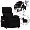 A black fabric massage recliner chair with inset diagrams showing its mechanical features and reclining function.