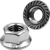 Two silver nuts with hexagonal bases and serrated flanges are shown against a white background. Produktbild-Vorschau