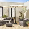 An outdoor patio scene with a sectional sofa, armchair, coffee table, and a large rectangular umbrella. Produktbild-Vorschau