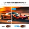 A split image comparing 60Hz and 120Hz refresh rates using a sports car as an example. The top section shows text describing the benefits of 120Hz, and the bottom section shows visual representations of motion blur at 60Hz and 120Hz. Produktbild-Vorschau