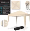 A marketing image showcasing a beige pop-up gazebo with its features highlighted. Produktbild-Vorschau