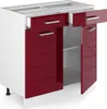 A white kitchen cabinet with red high-gloss doors and drawers, shown with one drawer and one door open. Náhled obrázku produktu