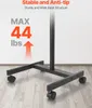 The base of a rolling TV stand is shown on a wooden floor against a white wall. Voir les images du produit