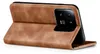 A brown flip case for a smartphone, shown from the side with the phone's camera module visible. Produktbild-Vorschau