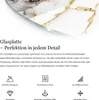 A close-up of a glass tabletop with a marble and gold vein pattern, accompanied by descriptive text and feature icons. Podgląd zdjęcia produktu