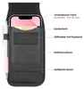A black nylon belt pouch for a smartphone, with labels pointing out its features. Produktbild-Vorschau