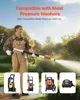 A man is using a pressure washer extension wand in a garden setting, with images of different pressure washers shown below. Produktbild-Vorschau