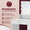 A close-up view of a white vanity table with a lighted mirror and a section highlighting product features. Produktbild-Vorschau