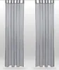 Two gray sheer curtains hanging side-by-side against a light gray and white gradient background.