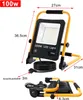 A product image showing a 100W LED work light with dimensions and features indicated by text and arrows. The image also shows a coiled power cord and a folded version of the light. Produktbild-Vorschau