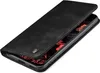 A black flip case for a smartphone is shown with the cover partially open, revealing the phone's screen with a red abstract design. Produktbild-Vorschau