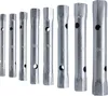 A set of metal pipe wrenches arranged in a row against a white background. Produktbild-Vorschau