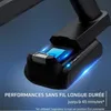 Close-up of a black vacuum cleaner attachment with blue illuminated indicators and text. Voir les images du produit