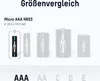 A size comparison chart for different battery types, with a focus on AAA batteries. Produktbild-Vorschau