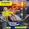 A woman and a dog relax on a patio with a gas heater in the background, with marketing text overlays. Produktbild-Vorschau