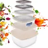 A stack of clear plastic food containers with lids, with graphics of vegetables and juice splashes around them. Náhled obrázku produktu