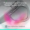 A close-up marketing image of a Logitech mouse with text overlays highlighting its features. Produktbild-Vorschau