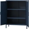 An open, dark blue metal cabinet with three shelves. Produktbild-Vorschau