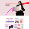 A woman is holding a tablet, with marketing text and feature callouts below. Produktbild-Vorschau