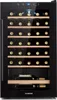 A front view of a black wine refrigerator with wooden shelves and bottles inside. Produktbild-Vorschau
