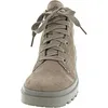 A close-up, front-facing view of a brown suede boot with laces. Produktbild-Vorschau