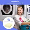 A woman is smiling while sitting in front of washing machines, holding a laundry basket and detergent. There is a circular graphic overlay with product information. Produktbild-Vorschau
