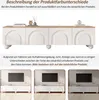 A white TV stand with wooden top, shown in a studio setting with a TV above it, and then in three different lighting conditions. Voir les images du produit