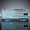 A gaming keyboard with RGB lighting, shown from a slightly elevated front-diagonal angle, with its reflection visible below. Produktbild-Vorschau