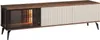 A long, low TV stand with a glass door on the left and a fluted panel door on the right, supported by angled legs. Voir les images du produit
