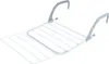 A white metal drying rack with gray plastic hooks, designed to hang on a radiator or balcony railing. Produktbild-Vorschau