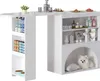 A white bar table with shelves and a built-in pet bed, featuring various items on display. Produktbild-Vorschau