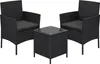A black rattan balcony furniture set with a glass-topped table and two chairs, presented on a white background. Produktbild-Vorschau