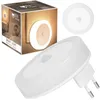 A product shot and packaging of a white LED night light with a motion sensor. Podgląd zdjęcia produktu