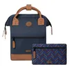 A navy blue backpack and a patterned pouch are displayed against a white background. Produktbild-Vorschau