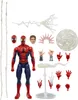 A collection of Spider-Man action figure accessories, including alternate heads, hands, web effects, and a display stand, laid out around the main action figure. Podgląd zdjęcia produktu