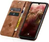A brown leather flip case for a smartphone, with cards and a banknote inserted. Produktbild-Vorschau