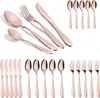 A collection of rose gold cutlery, including spoons, forks, and knives, arranged on a white background. Podgląd zdjęcia produktu