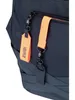Close-up of a navy blue backpack with orange and black accents, showing zippers and keychains. Produktbild-Vorschau