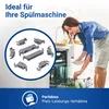 A woman is loading a dishwasher while a circular graphic displays various dishwasher parts. Produktbild-Vorschau